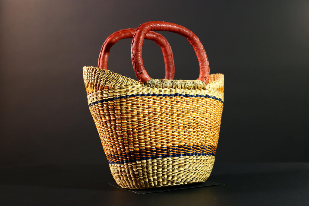 African Bolga Basket Handwoven Straw Market Tote with Leather Handles Ghana Decor Functional Artisan Tribal Storage Home Accent G5590