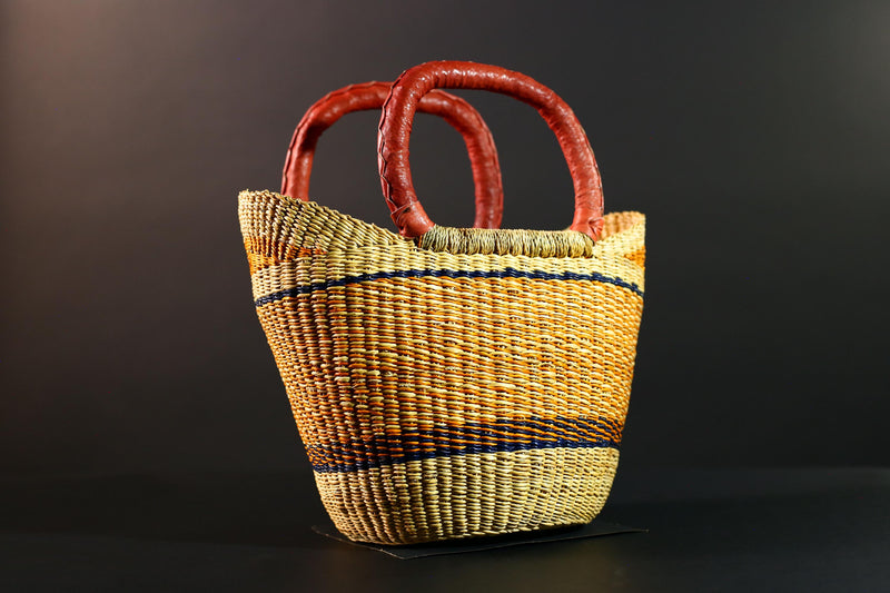 African Bolga Basket Handwoven Straw Market Tote with Leather Handles Ghana Decor Functional Artisan Tribal Storage Home Accent G5590