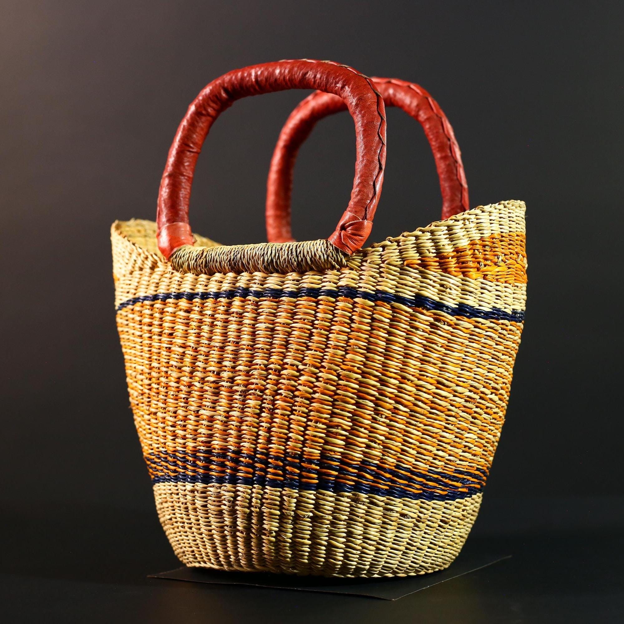 African Bolga Basket Handwoven Straw Market Tote with Leather Handles Ghana Decor Functional Artisan Tribal Storage Home Accent G5590