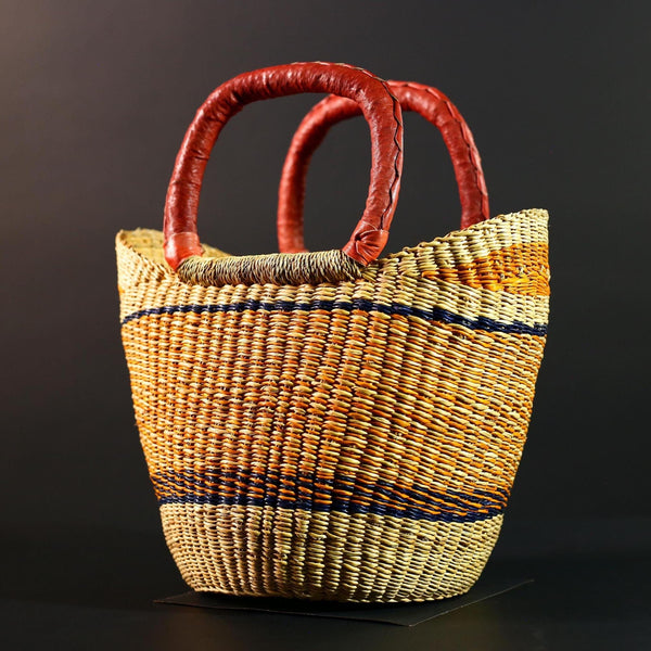African Bolga Basket Handwoven Straw Market Tote with Leather Handles Ghana Decor Functional Artisan Tribal Storage Home Accent G5590