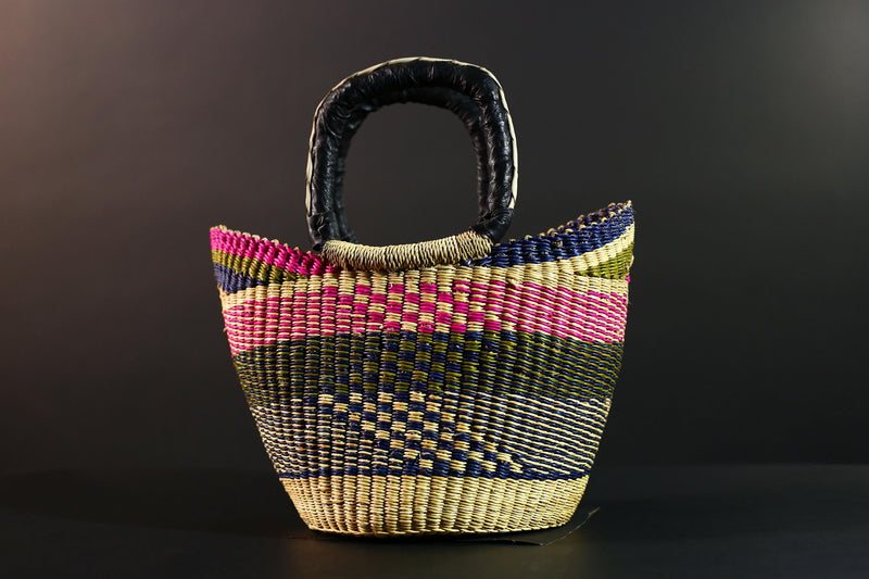 African Bolga Basket Handwoven Colorful Straw Tote with Leather Handles Ghana Market Bag Eco Storage Basket for Home or Shopping G5591