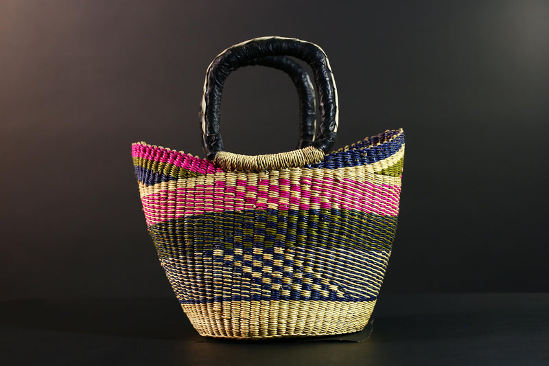 African Bolga Basket Handwoven Colorful Straw Tote with Leather Handles Ghana Market Bag Eco Storage Basket for Home or Shopping G5591