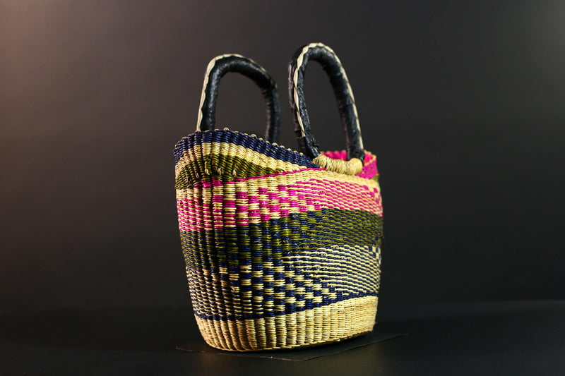 African Bolga Basket Handwoven Colorful Straw Tote with Leather Handles Ghana Market Bag Eco Storage Basket for Home or Shopping G5591