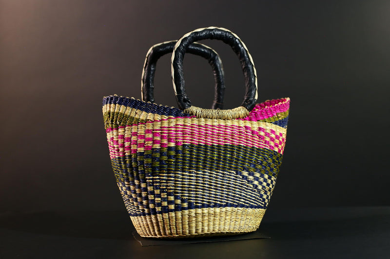 African Bolga Basket Handwoven Colorful Straw Tote with Leather Handles Ghana Market Bag Eco Storage Basket for Home or Shopping G5591