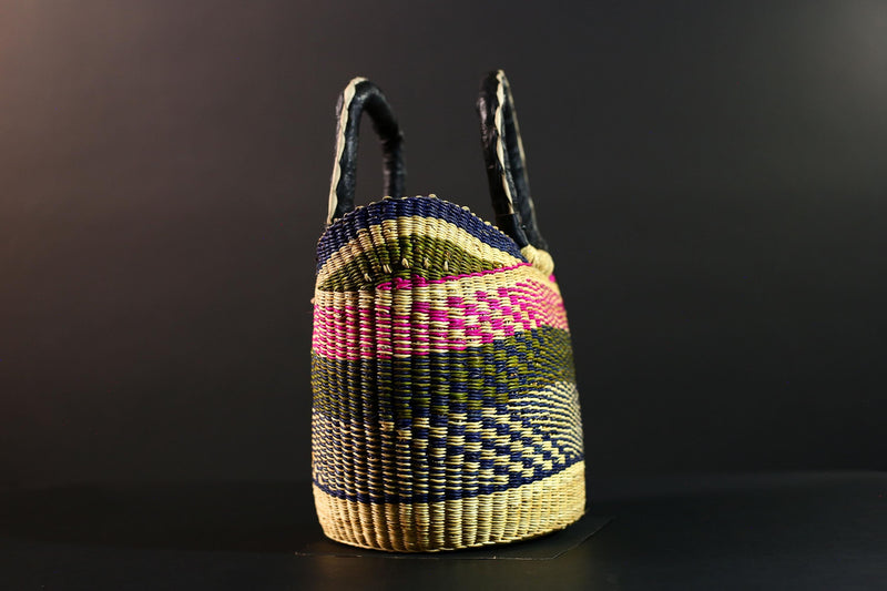 African Bolga Basket Handwoven Colorful Straw Tote with Leather Handles Ghana Market Bag Eco Storage Basket for Home or Shopping G5591
