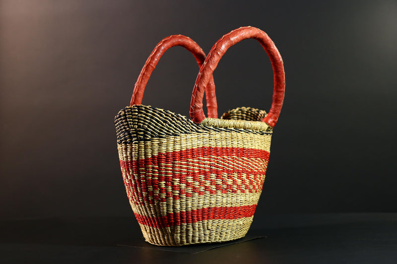 African Bolga Basket Red Leather Handle Woven Market Tote Ghana Storage Basket Handcrafted Straw Decor Boho Home Organizer G5592