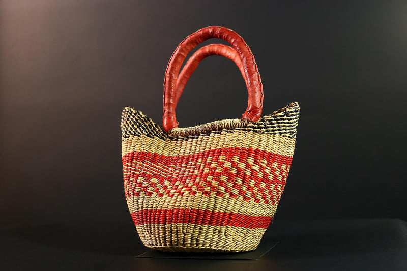 African Bolga Basket Red Leather Handle Woven Market Tote Ghana Storage Basket Handcrafted Straw Decor Boho Home Organizer G5592