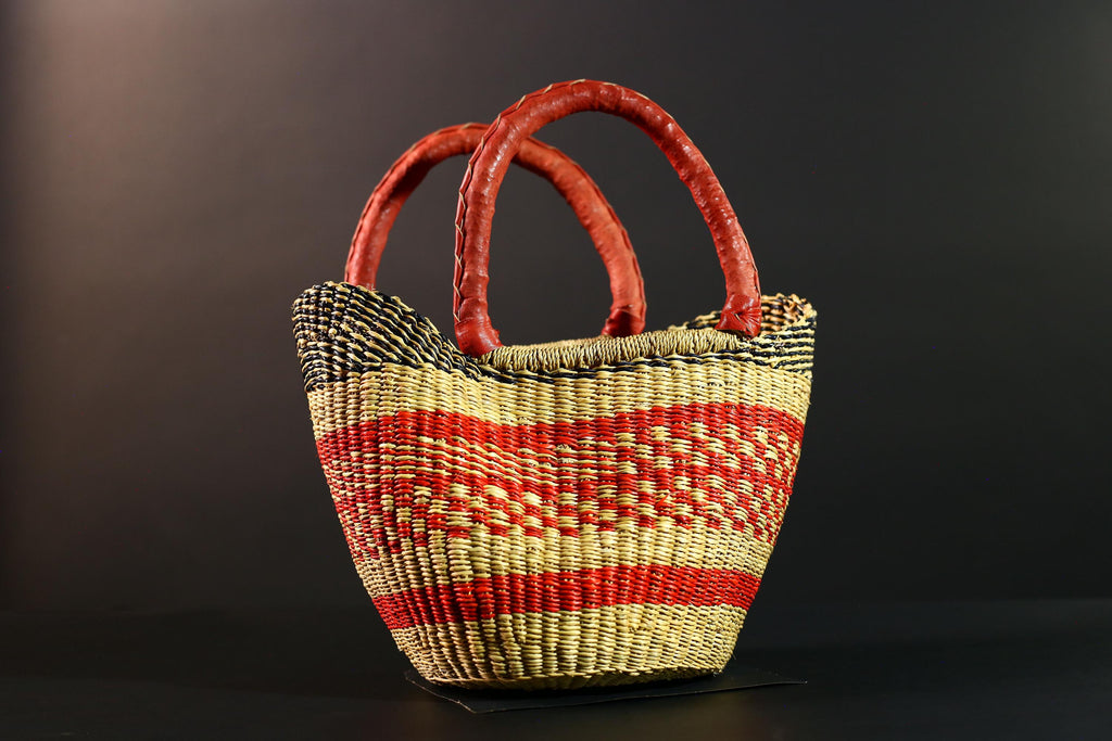 African Bolga Basket Red Leather Handle Woven Market Tote Ghana Storage Basket Handcrafted Straw Decor Boho Home Organizer G5592