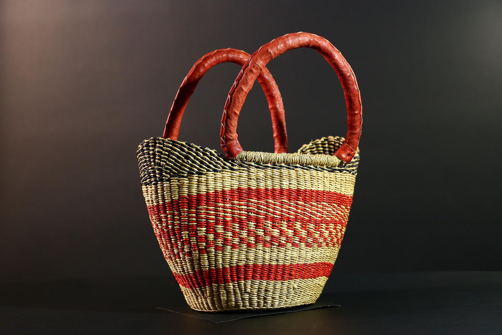 African Bolga Basket Red Leather Handle Woven Market Tote Ghana Storage Basket Handcrafted Straw Decor Boho Home Organizer G5592