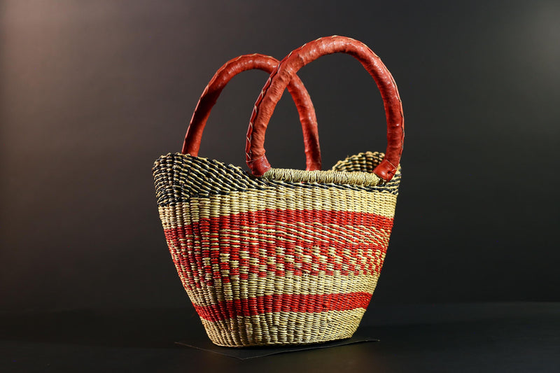 African Bolga Basket Red Leather Handle Woven Market Tote Ghana Storage Basket Handcrafted Straw Decor Boho Home Organizer G5592