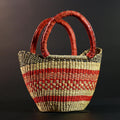African Bolga Basket Red Leather Handle Woven Market Tote Ghana Storage Basket Handcrafted Straw Decor Boho Home Organizer G5592