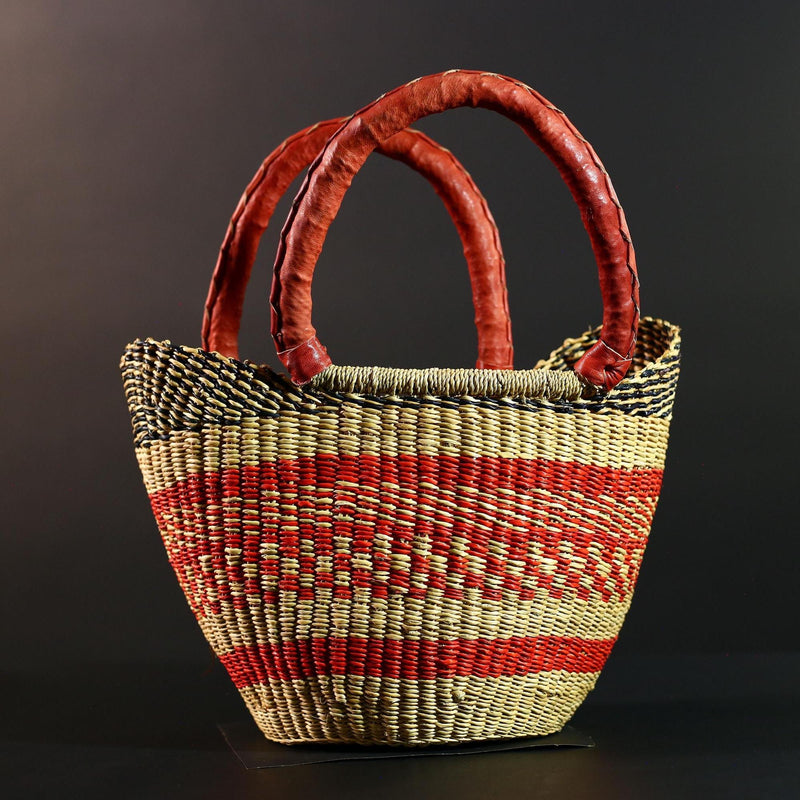 African Bolga Basket Red Leather Handle Woven Market Tote Ghana Storage Basket Handcrafted Straw Decor Boho Home Organizer G5592