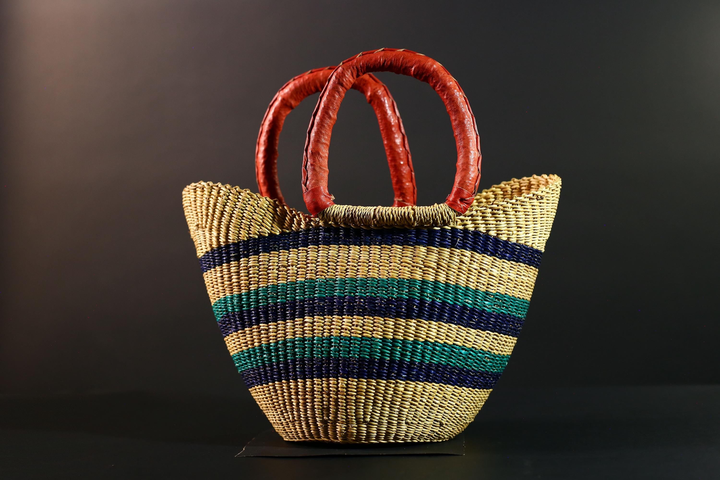 African Bolga Basket Multicolor Leather Handle Woven Tote Ghana Market Storage Straw Organizer Handcrafted Boho Home Decor G5593