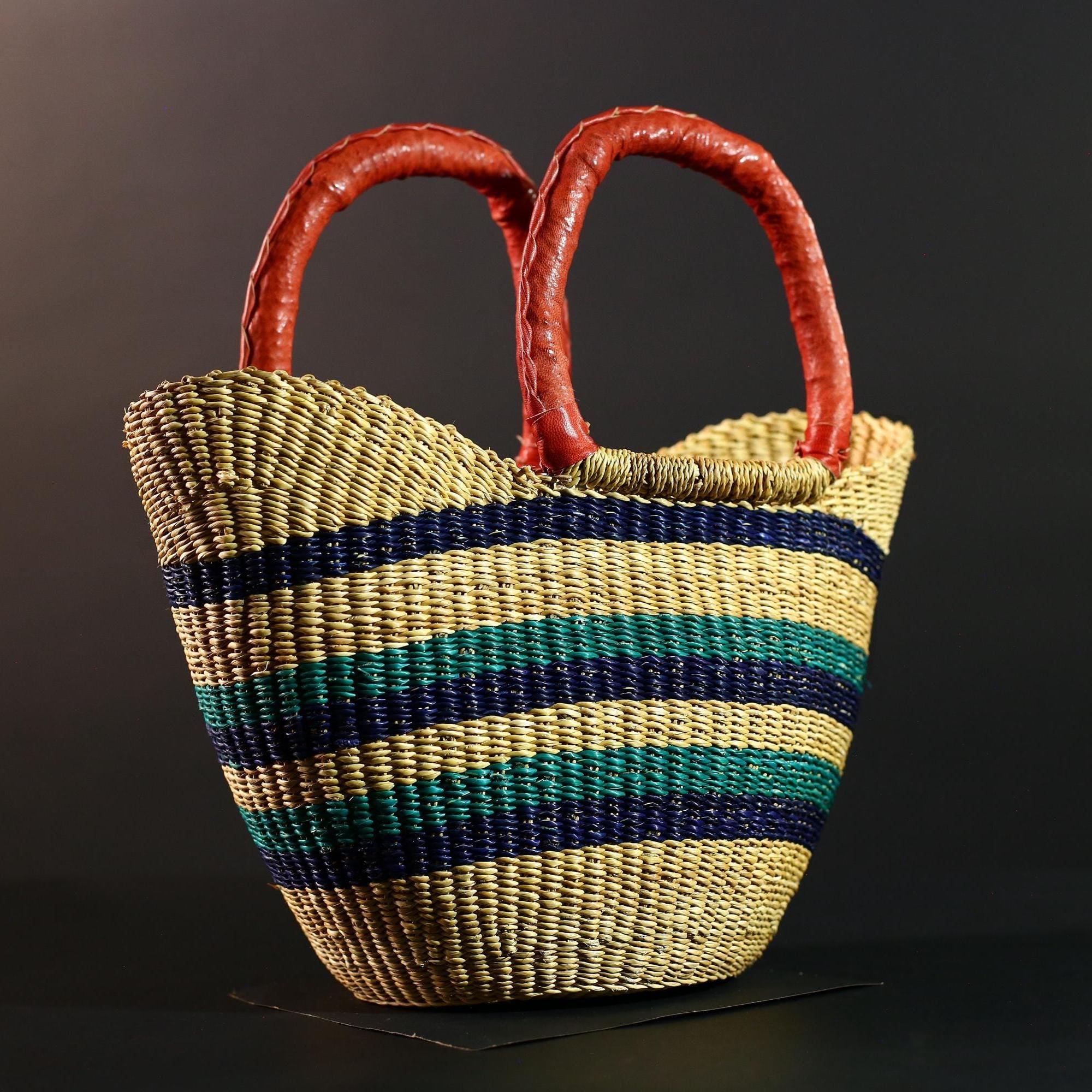 African Bolga Basket Multicolor Leather Handle Woven Tote Ghana Market Storage Straw Organizer Handcrafted Boho Home Decor G5593