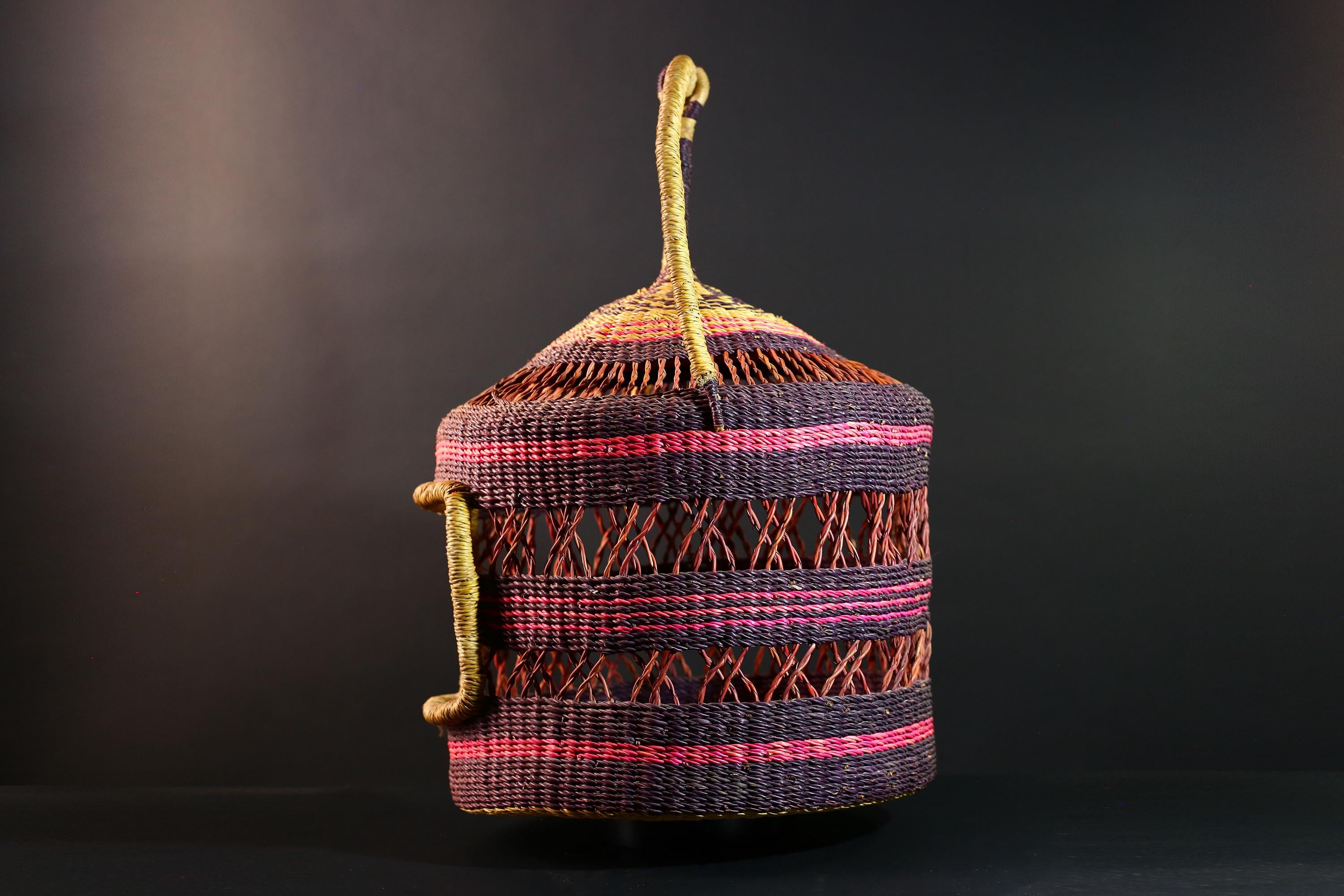 African Bolga Cat Bed Woven Straw Basket with Handle Ghana Pet Furniture Boho Home Storage Indoor Natural Decor Organizer G5594