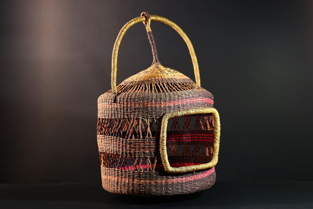 African Bolga Cat Bed Woven Straw Basket with Handle Ghana Pet Furniture Boho Home Storage Indoor Natural Decor Organizer G5594