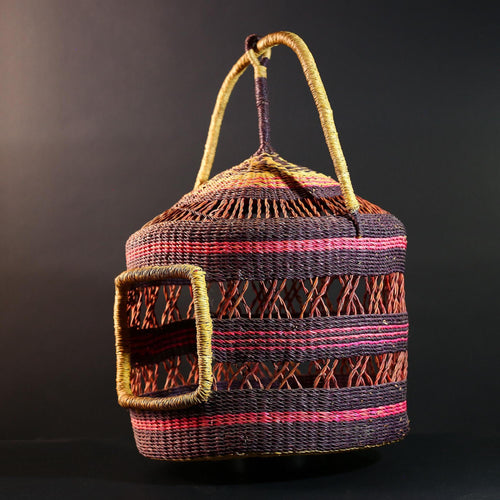African Bolga Cat Bed Woven Straw Basket with Handle Ghana Pet Furniture Boho Home Storage Indoor Natural Decor Organizer G5594