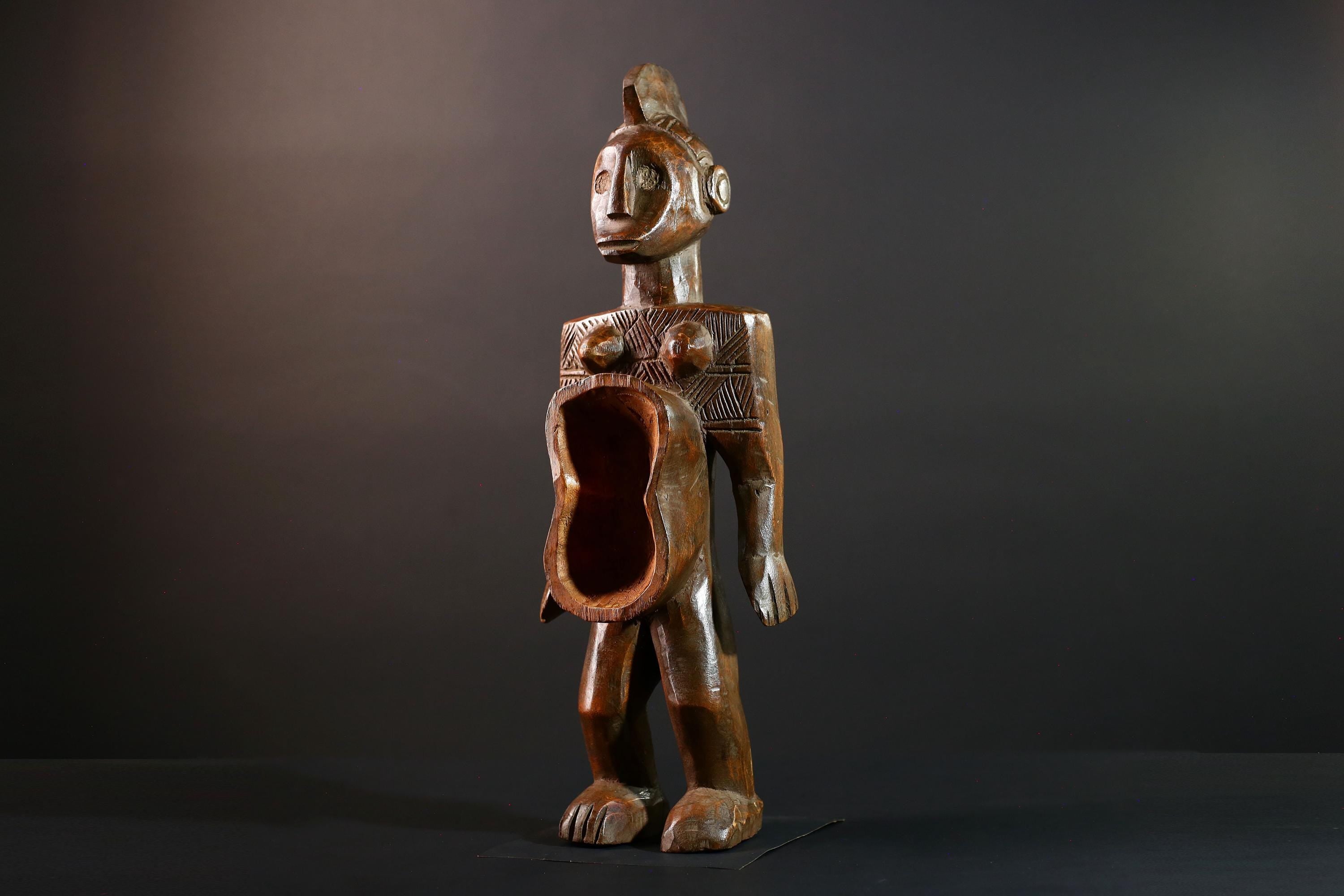 African Tribal Figure Hand Carved Wood Congo Female Sculpture Spirit Ritual Art Decor Collectible Wall Accent Traditional Object-G5595
