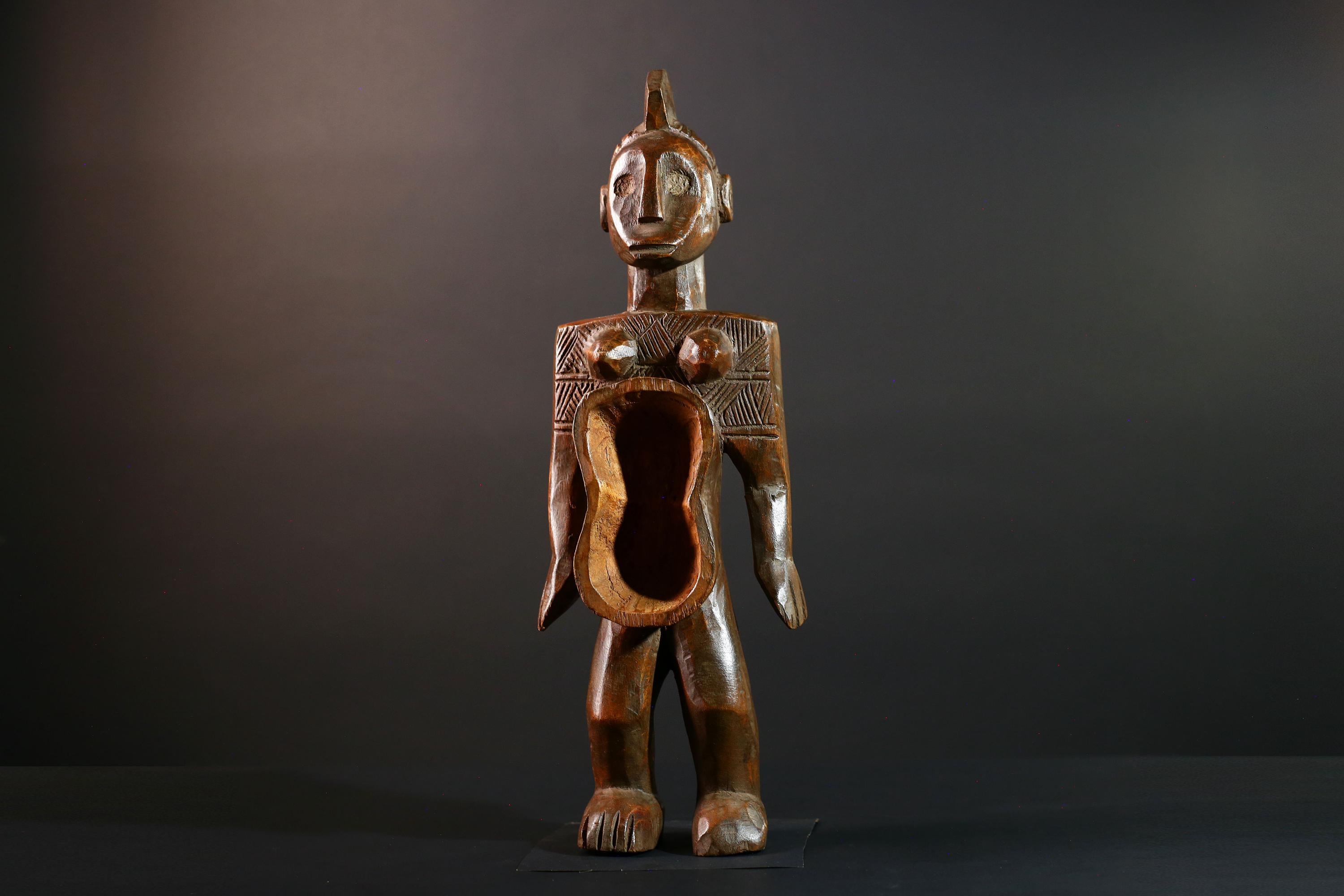 African Tribal Figure Hand Carved Wood Congo Female Sculpture Spirit Ritual Art Decor Collectible Wall Accent Traditional Object-G5595