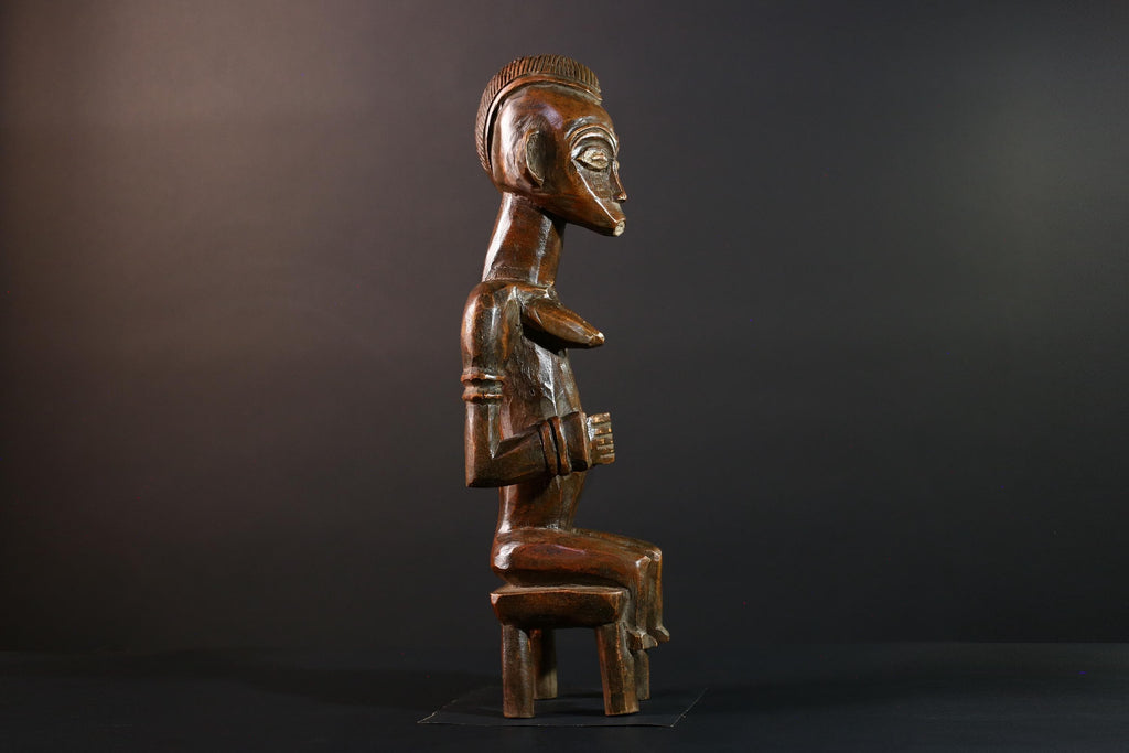 African Seated Tribal Figure Congolese Wood Ancestor Art Hand-Carved Spiritual Shrine Sculpture Decor-G5596