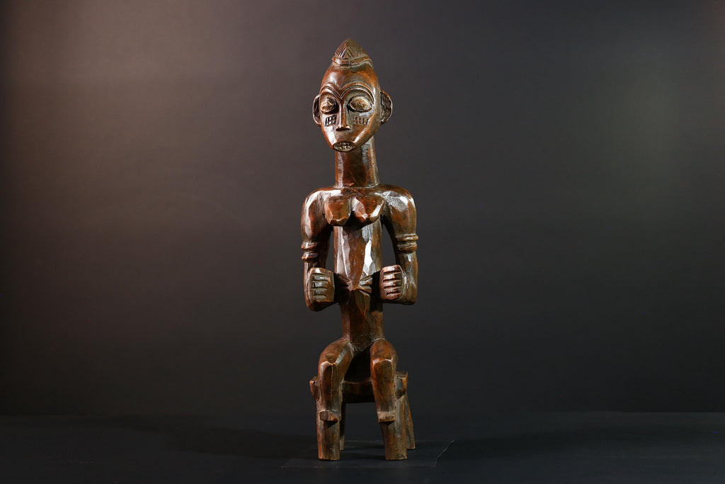 African Seated Tribal Figure Congolese Wood Ancestor Art Hand-Carved Spiritual Shrine Sculpture Decor-G5596