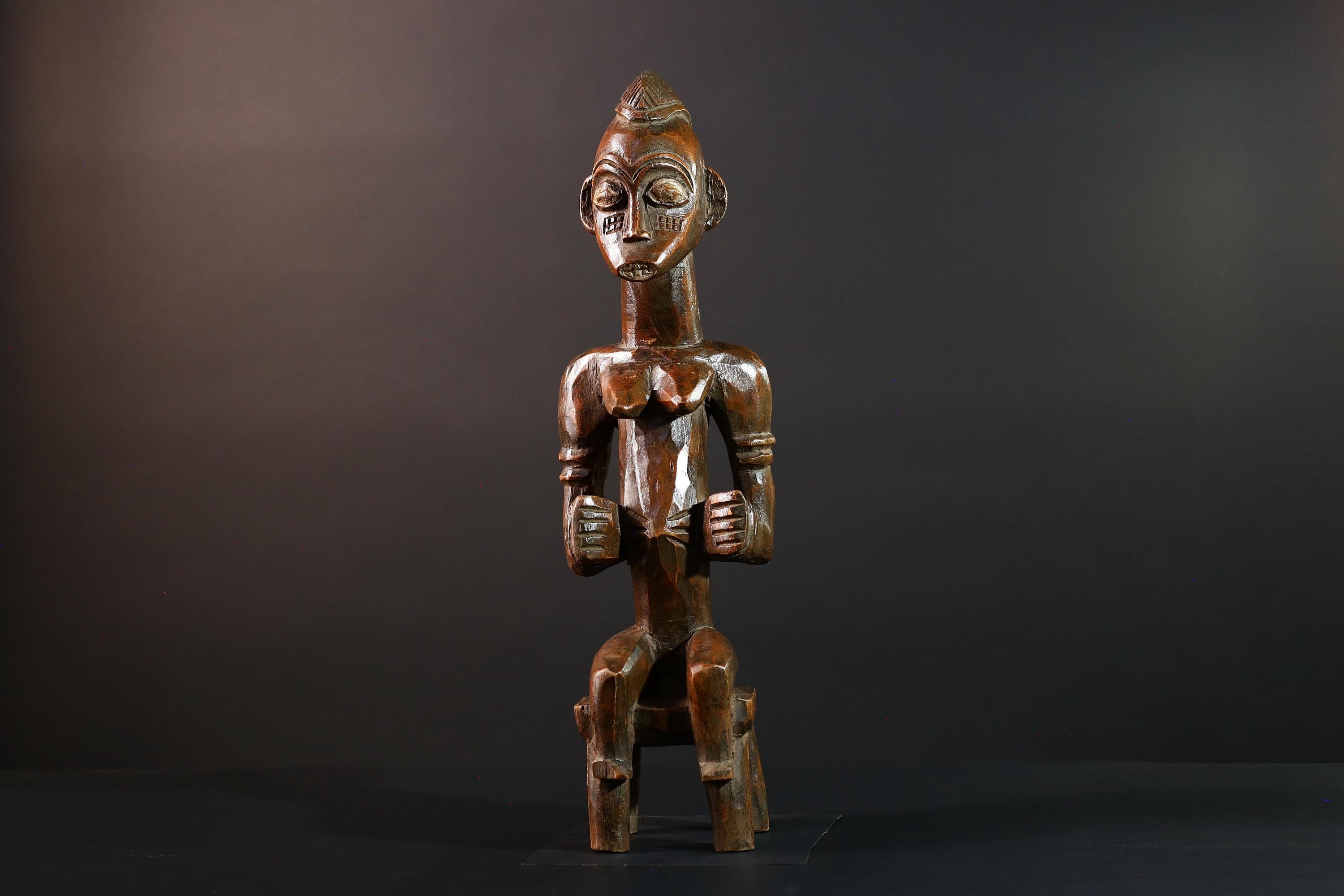 African Seated Tribal Figure Congolese Wood Ancestor Art Hand-Carved Spiritual Shrine Sculpture Decor-G5596