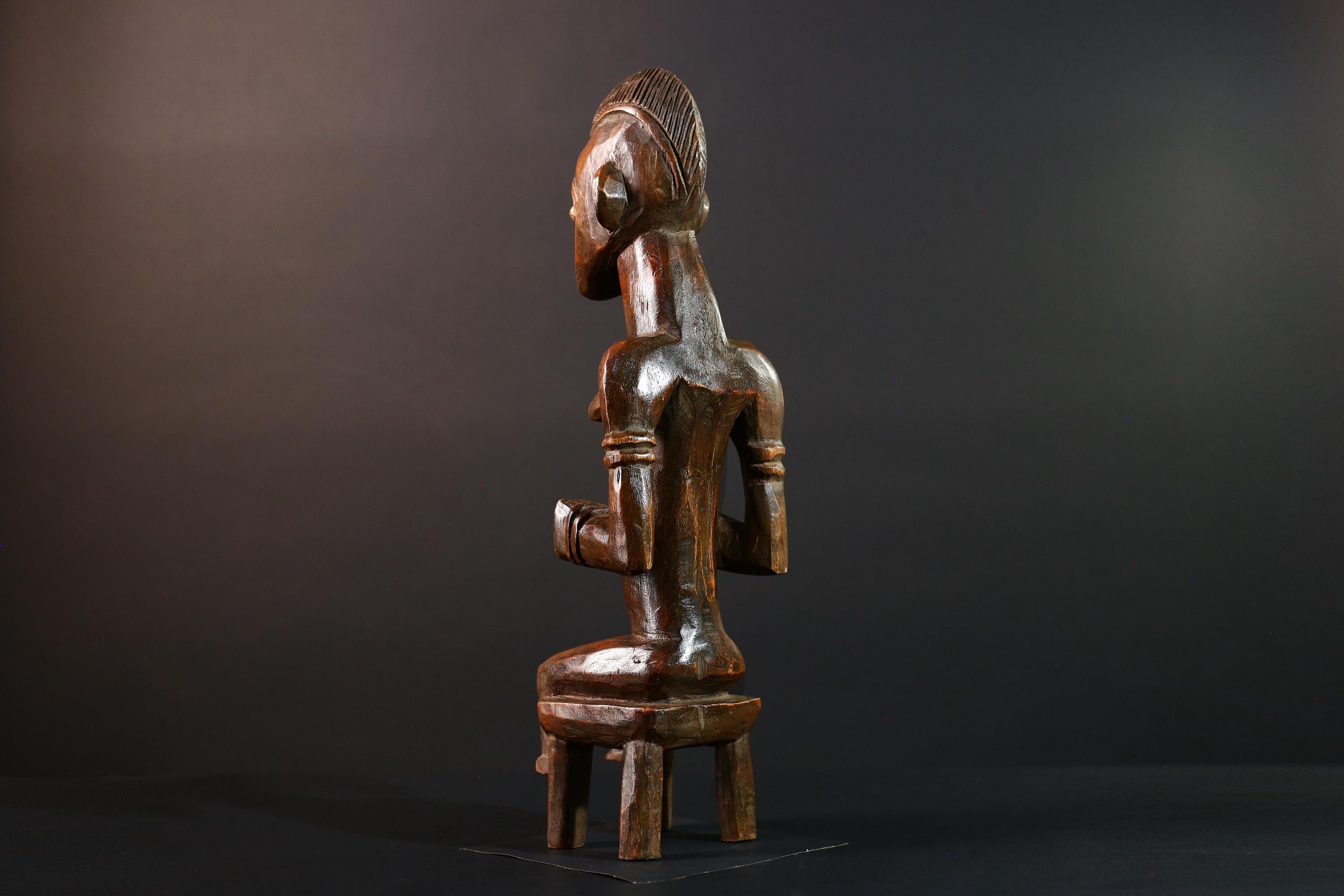 African Seated Tribal Figure Congolese Wood Ancestor Art Hand-Carved Spiritual Shrine Sculpture Decor-G5596