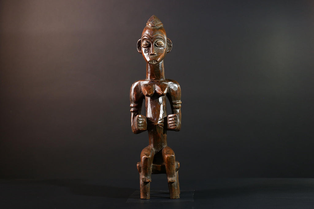 African Seated Tribal Figure Congolese Wood Ancestor Art Hand-Carved Spiritual Shrine Sculpture Decor-G5596