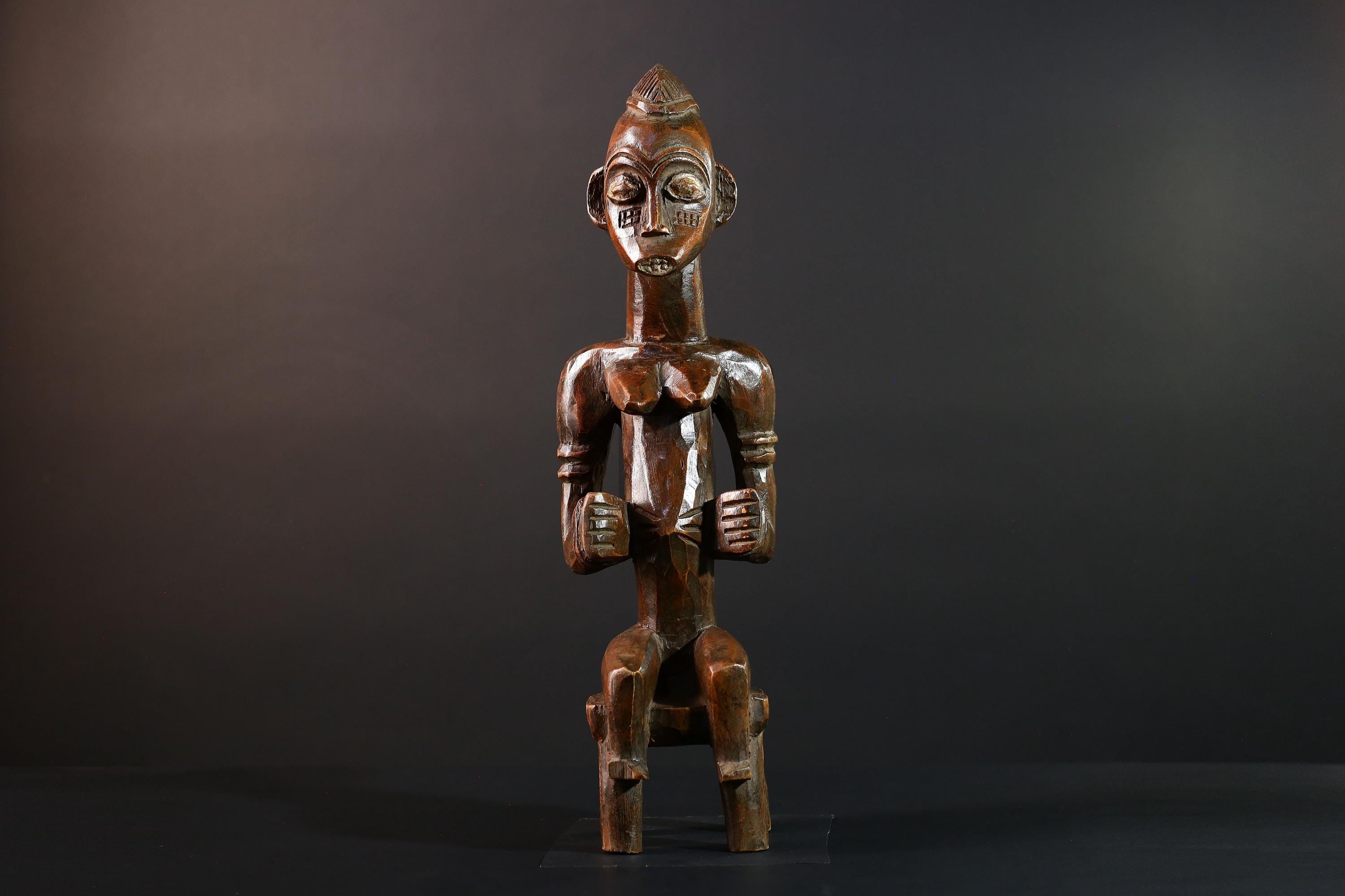 African Seated Tribal Figure Congolese Wood Ancestor Art Hand-Carved Spiritual Shrine Sculpture Decor-G5596