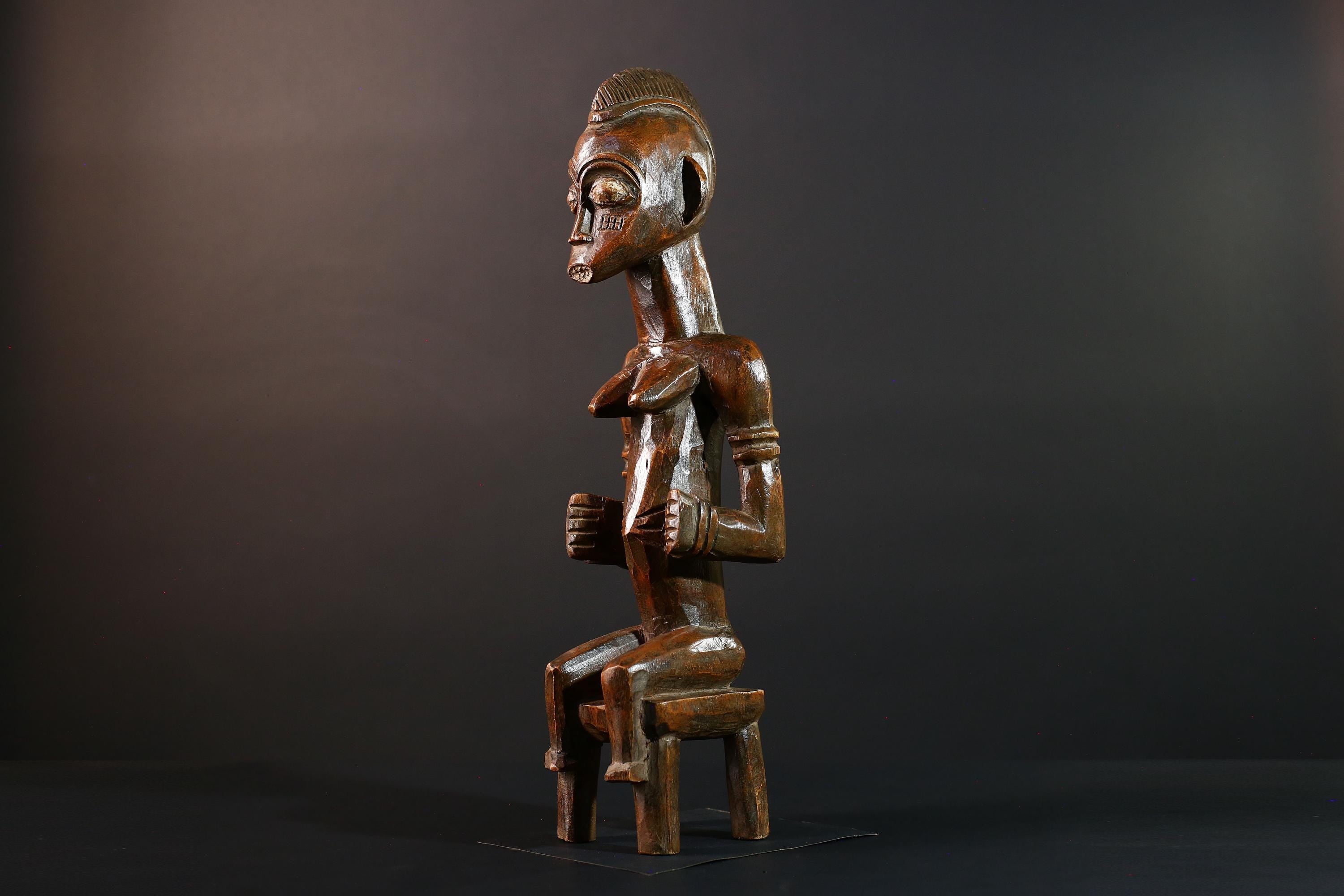 African Seated Tribal Figure Congolese Wood Ancestor Art Hand-Carved Spiritual Shrine Sculpture Decor-G5596