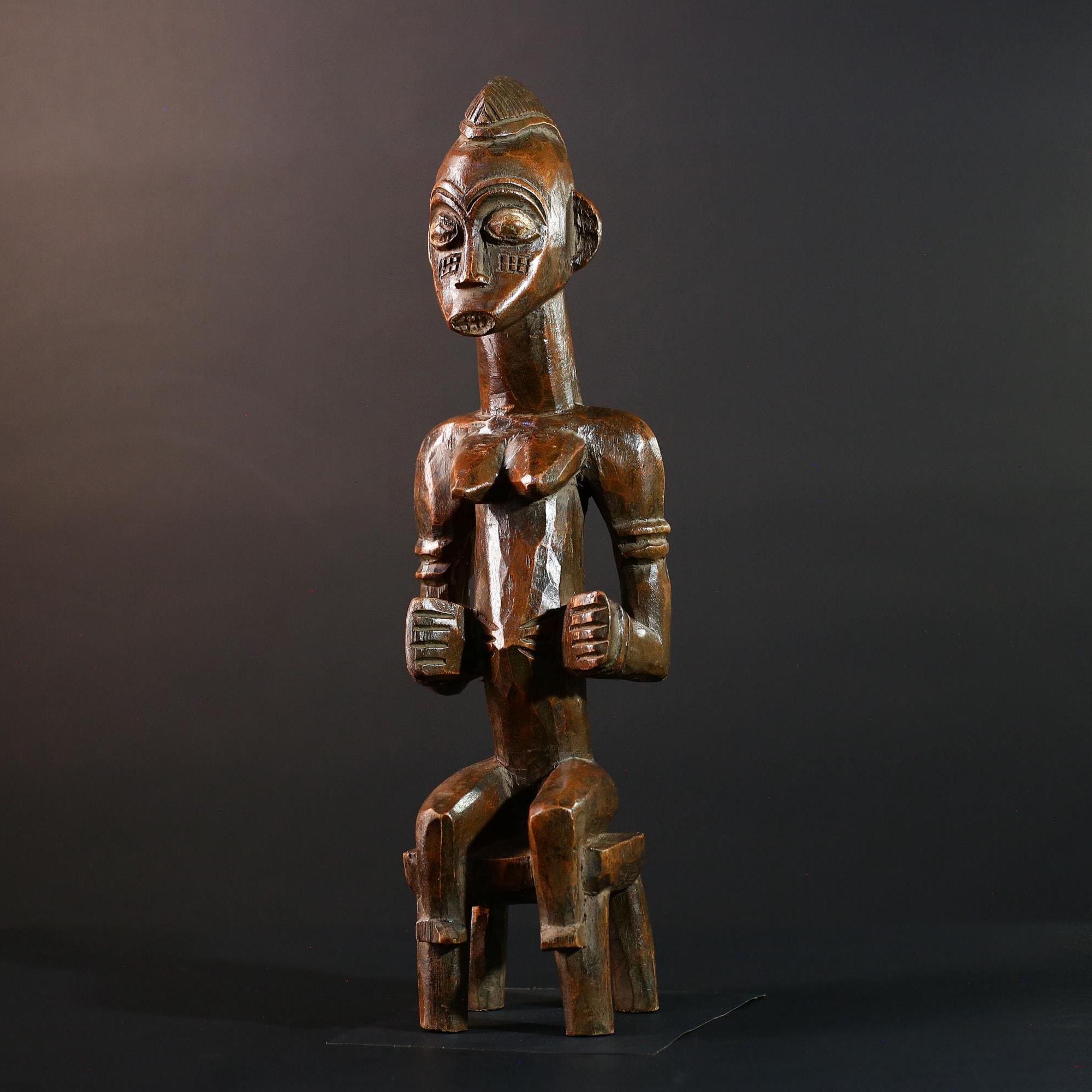 African Seated Tribal Figure Congolese Wood Ancestor Art Hand-Carved Spiritual Shrine Sculpture Decor-G5596