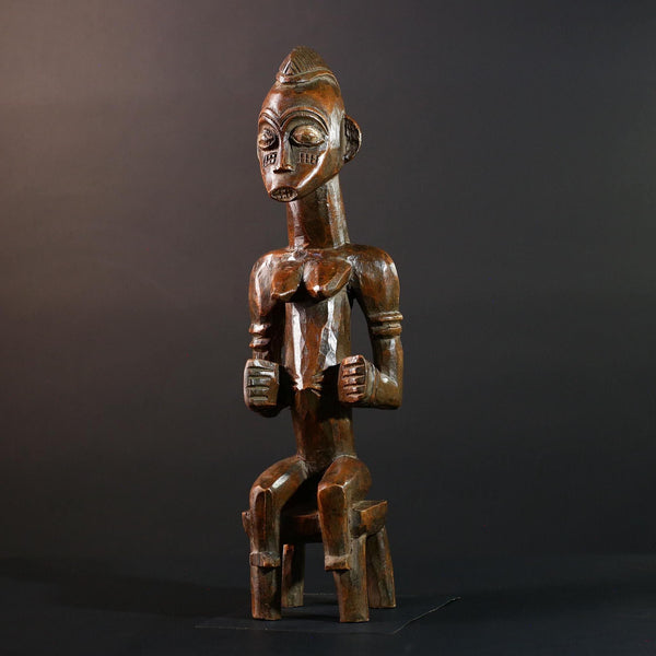 African Seated Tribal Figure Congolese Wood Ancestor Art Hand-Carved Spiritual Shrine Sculpture Decor-G5596