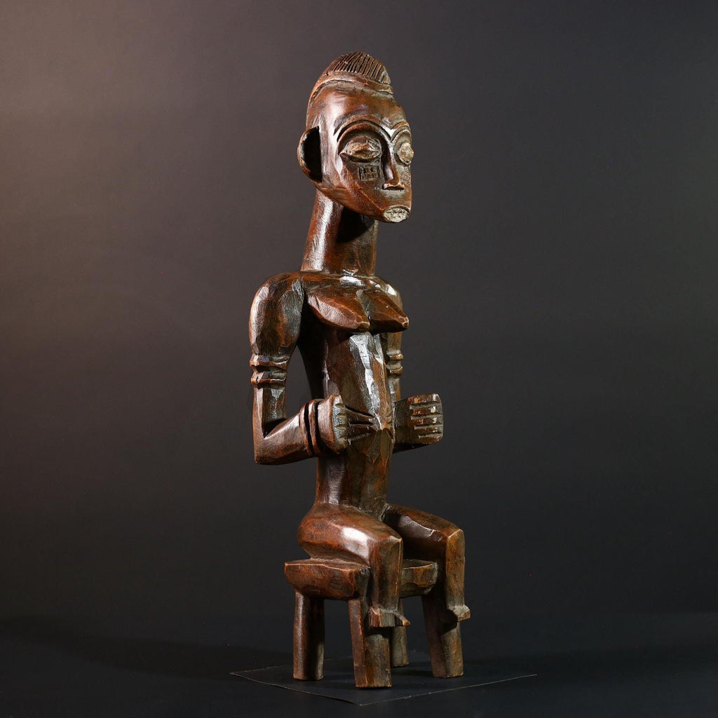 African Seated Tribal Figure Congolese Wood Ancestor Art Hand-Carved Spiritual Shrine Sculpture Decor-G5596
