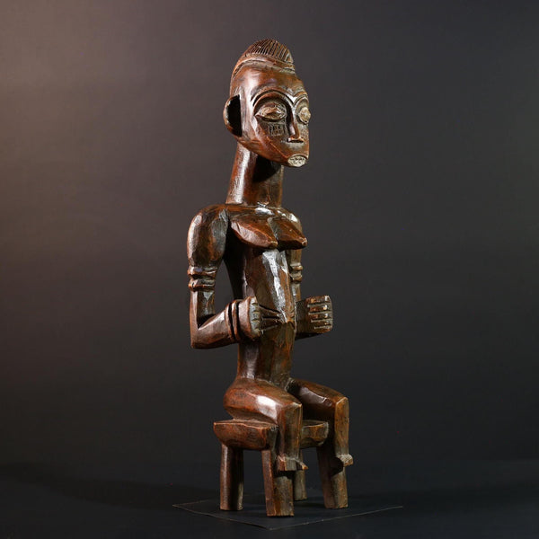 African Seated Tribal Figure Congolese Wood Ancestor Art Hand-Carved Spiritual Shrine Sculpture Decor-G5596