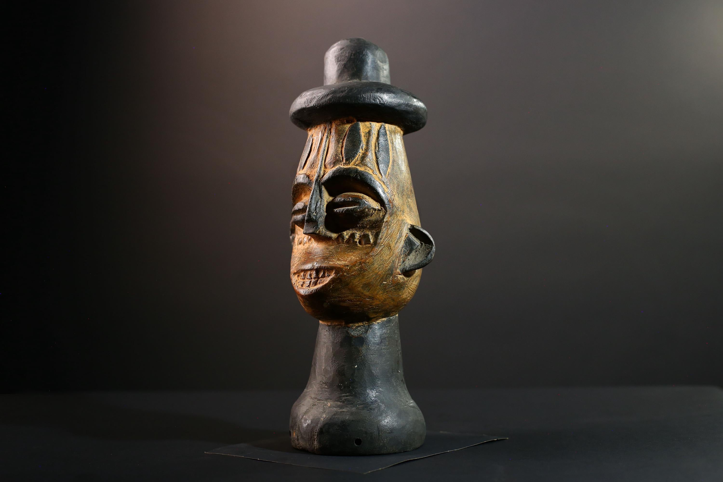 African head sculpture Songye tribal carved wood spirit statue Congo decor ceremonial art spiritual African wall altar piece-G5598