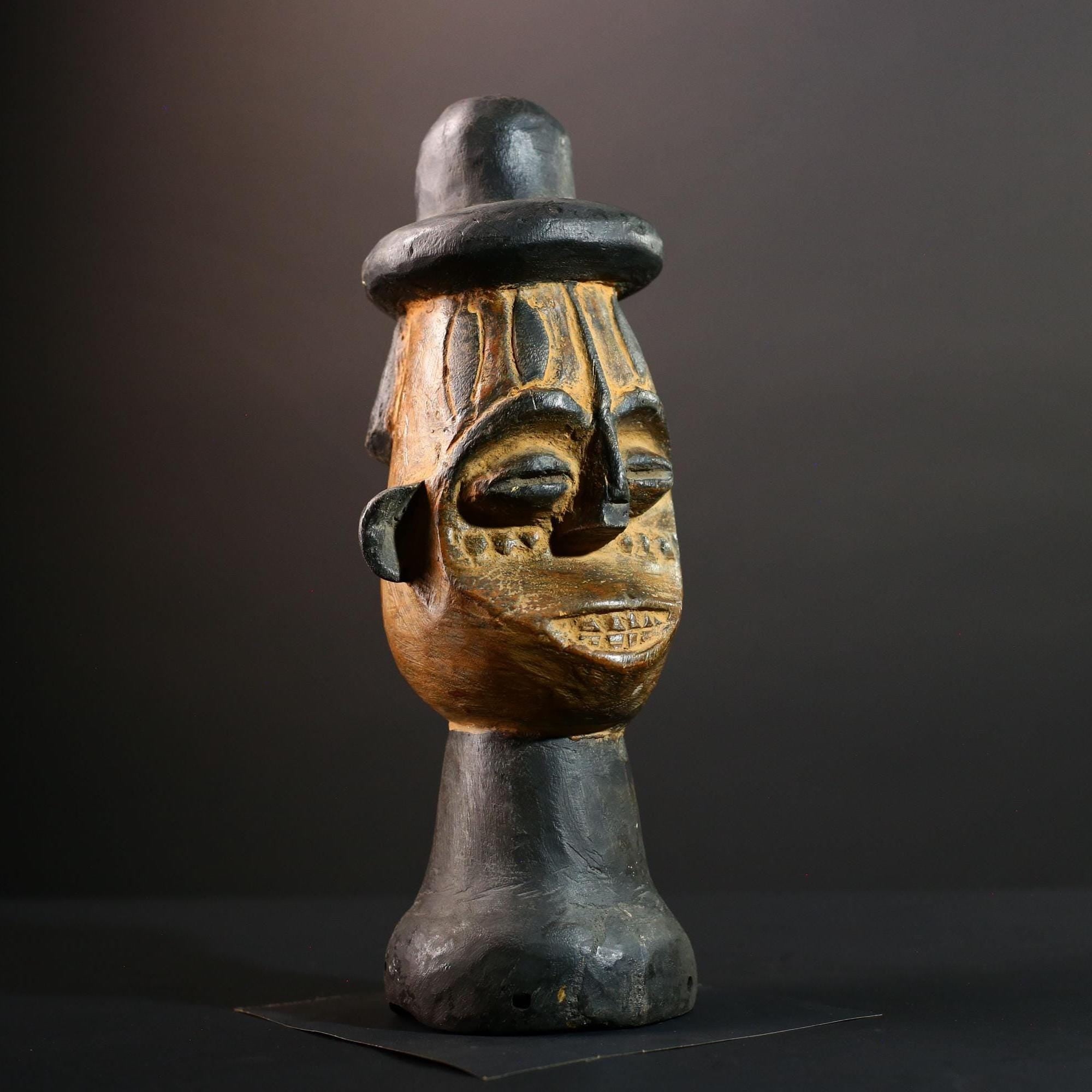 African head sculpture Songye tribal carved wood spirit statue Congo decor ceremonial art spiritual African wall altar piece-G5598