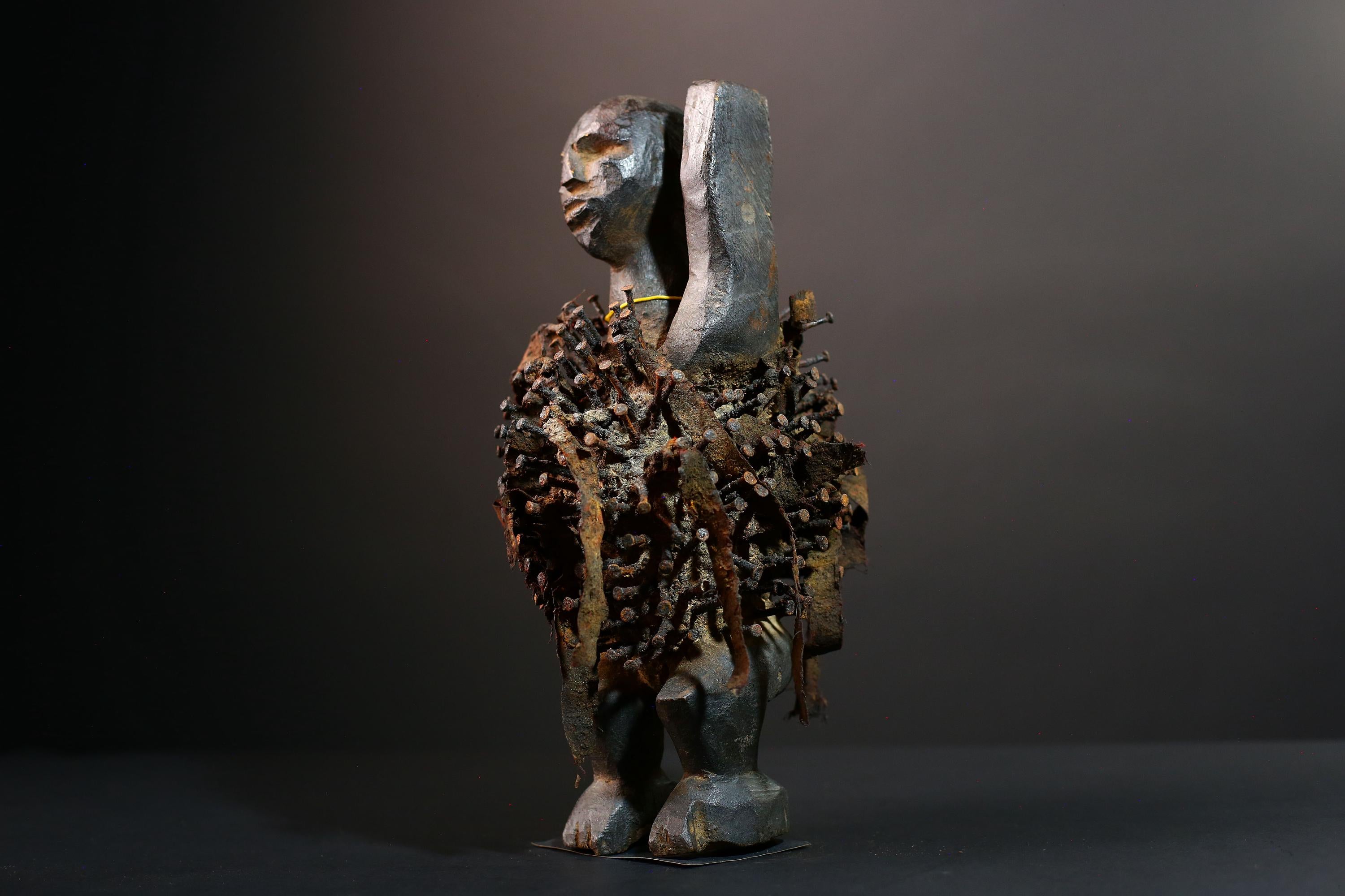 African nail fetish figure Kongo carved tribal power sculpture Congo nkisi art spirit shrine statue spiritual protective wood decor G5600