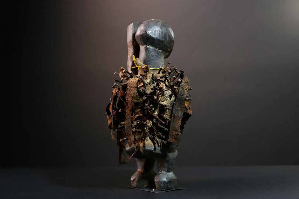 African nail fetish figure Kongo carved tribal power sculpture Congo nkisi art spirit shrine statue spiritual protective wood decor G5600