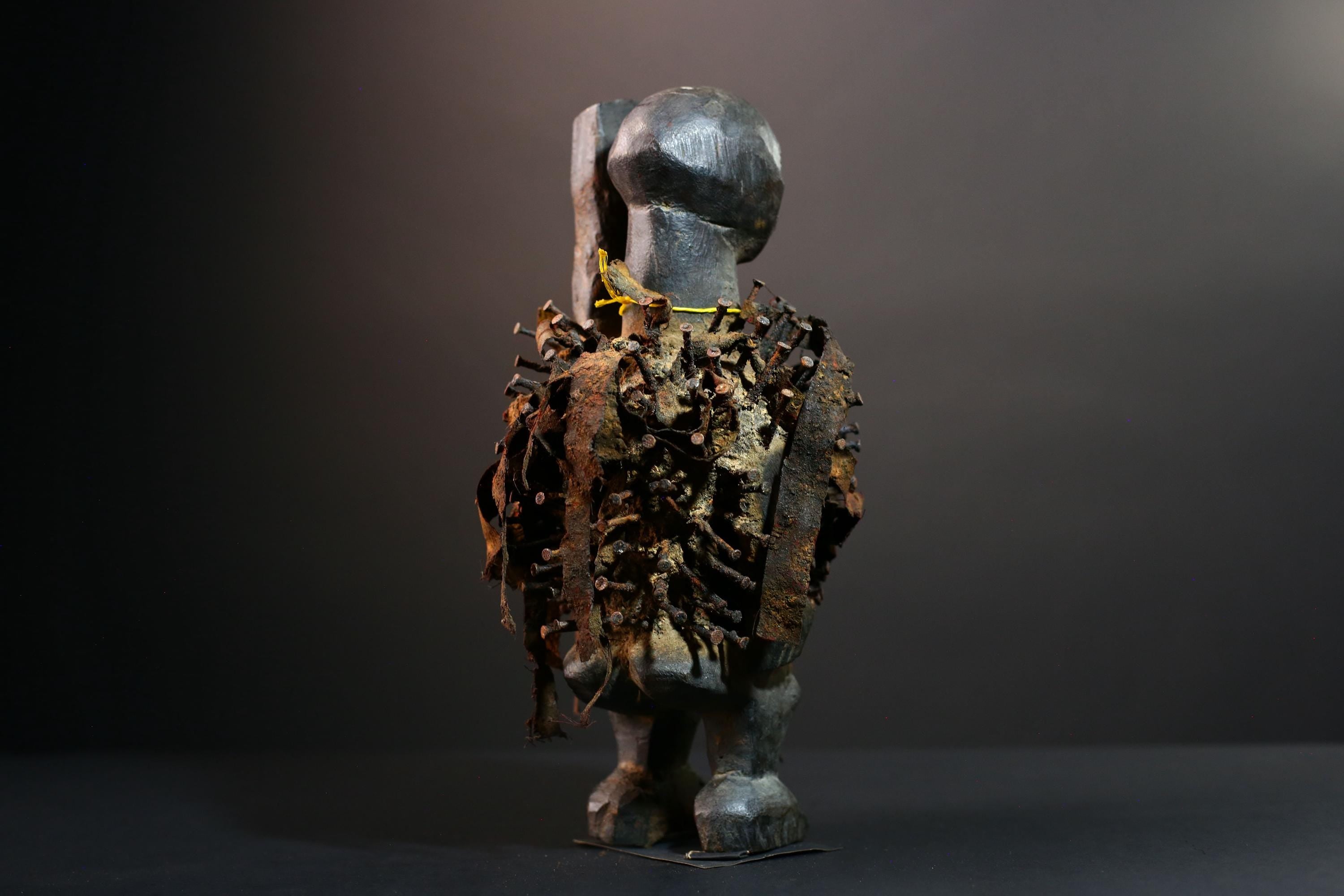 African nail fetish figure Kongo carved tribal power sculpture Congo nkisi art spirit shrine statue spiritual protective wood decor G5600