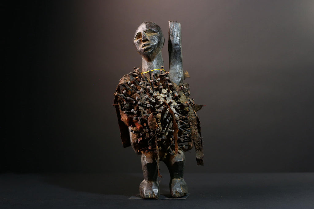 African nail fetish figure Kongo carved tribal power sculpture Congo nkisi art spirit shrine statue spiritual protective wood decor G5600