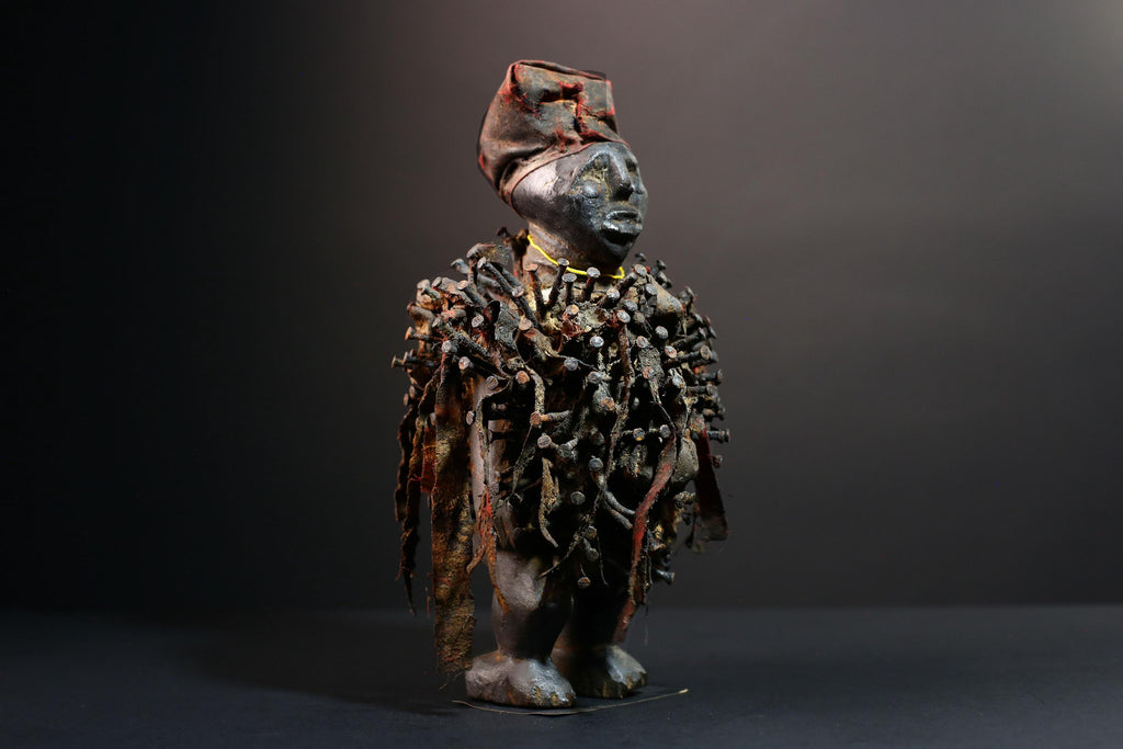 African nail fetish statue Congo power nkisi nkondi carved tribal charm spirit shrine figure protective sculpture wood magic decor G5601