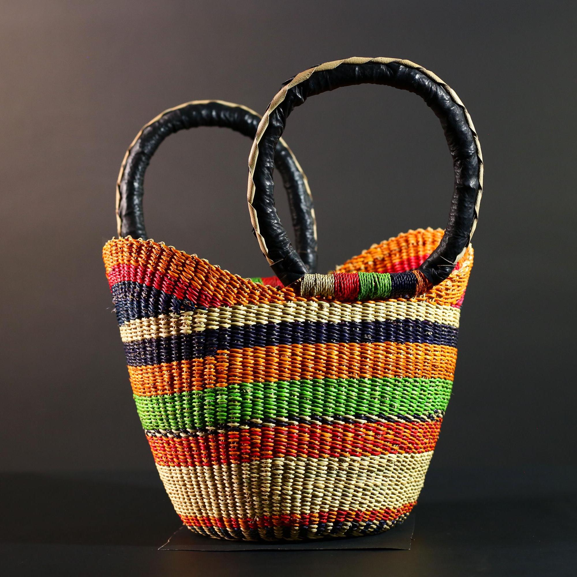 African Bolga Basket Handwoven Storage Organizer Market Bag Natural Straw Decor Leather Handle Colorful Ghana Woven Home Accent Tote G5605