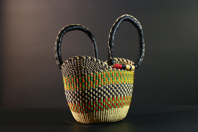 African Bolga Market Basket Straw Tote Handmade Storage Bag Ghana Tribal Weaving Home Decor Leather Handle Organizer Art G5606