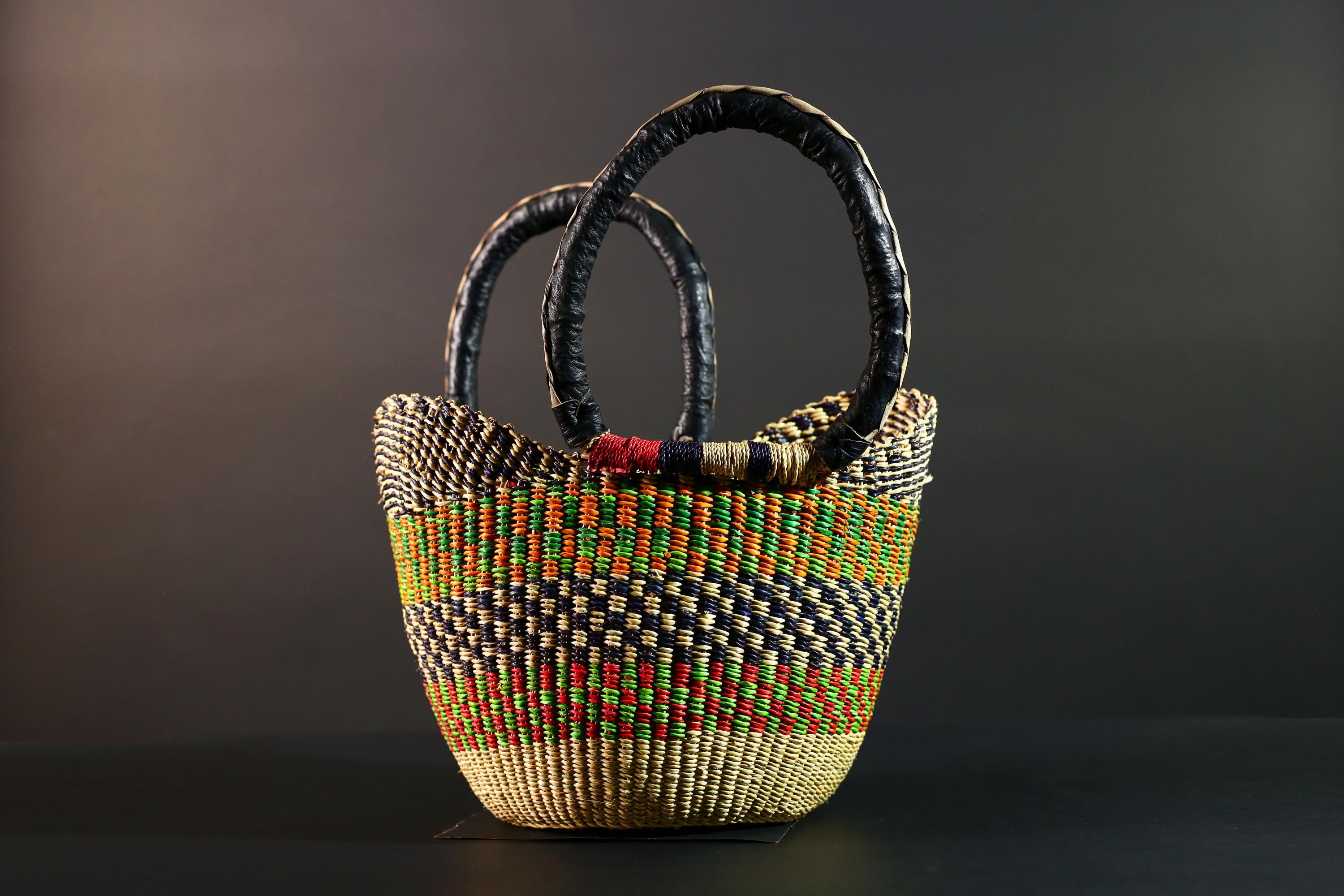 African Bolga Market Basket Straw Tote Handmade Storage Bag Ghana Tribal Weaving Home Decor Leather Handle Organizer Art G5606