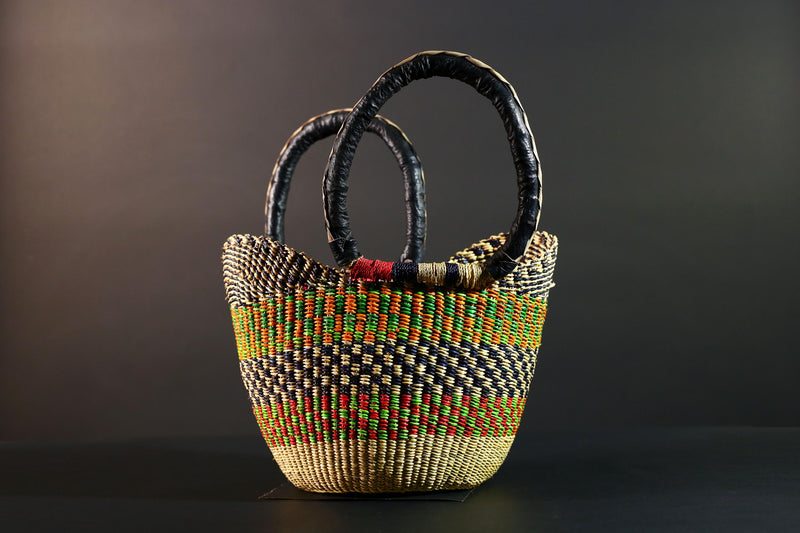 African Bolga Market Basket Straw Tote Handmade Storage Bag Ghana Tribal Weaving Home Decor Leather Handle Organizer Art G5606