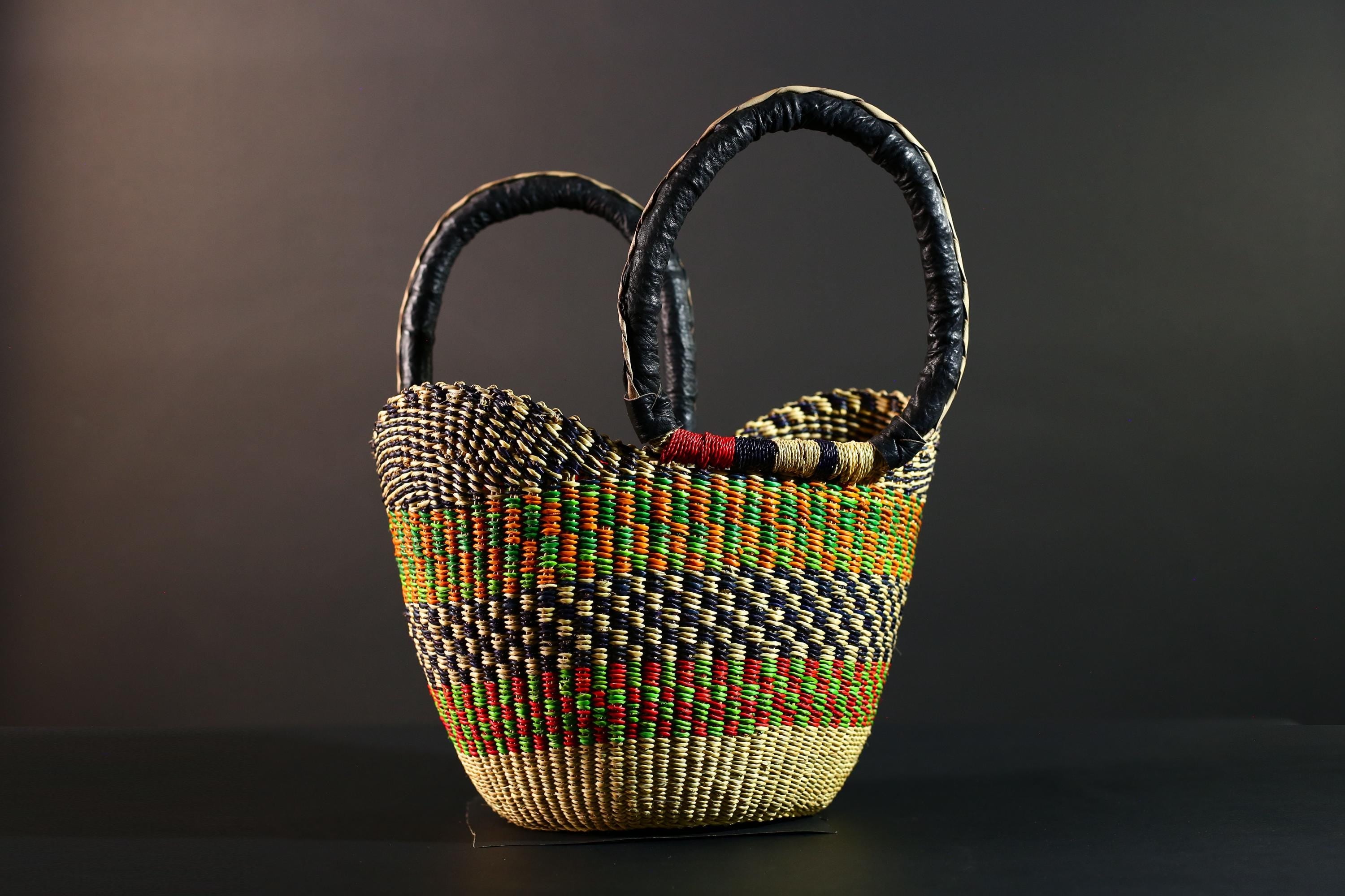 African Bolga Market Basket Straw Tote Handmade Storage Bag Ghana Tribal Weaving Home Decor Leather Handle Organizer Art G5606