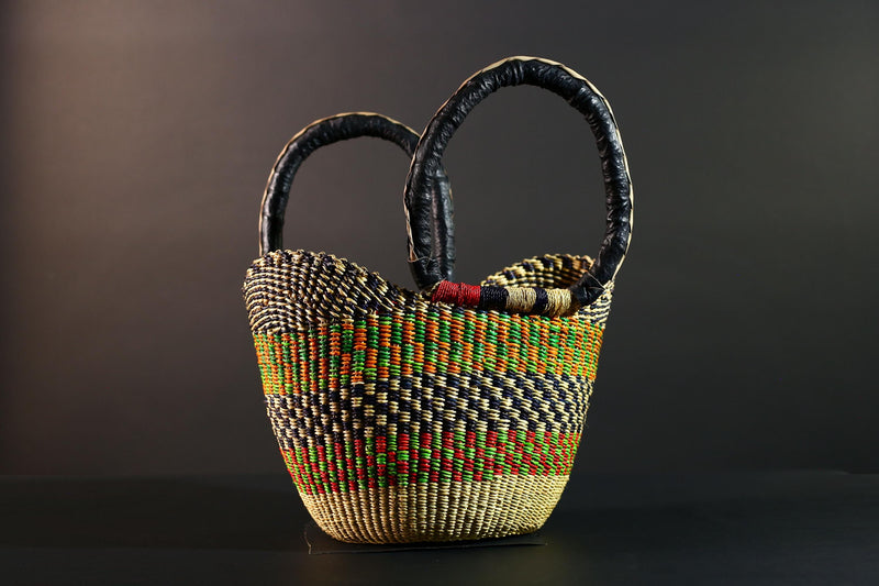 African Bolga Market Basket Straw Tote Handmade Storage Bag Ghana Tribal Weaving Home Decor Leather Handle Organizer Art G5606