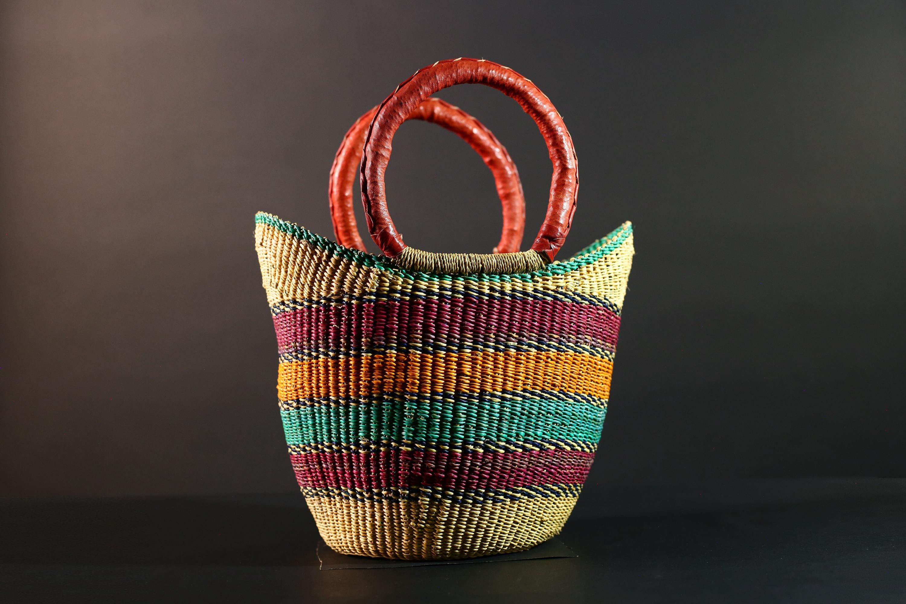 Bolga Basket Ghana Straw Tote African Tribal Market Bag Handmade Woven Decor Leather Handle Storage Organizer Colorful Art G5607