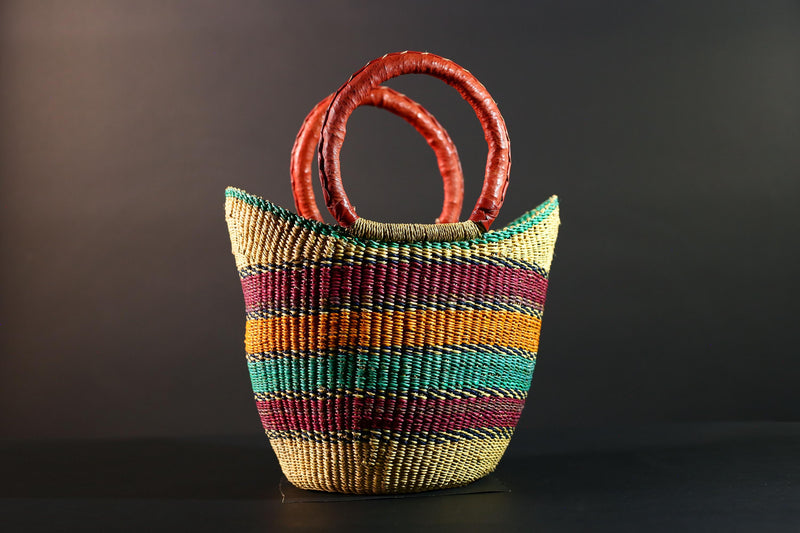 Bolga Basket Ghana Straw Tote African Tribal Market Bag Handmade Woven Decor Leather Handle Storage Organizer Colorful Art G5607