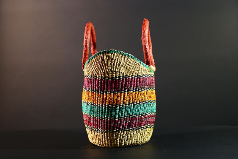 Bolga Basket Ghana Straw Tote African Tribal Market Bag Handmade Woven Decor Leather Handle Storage Organizer Colorful Art G5607